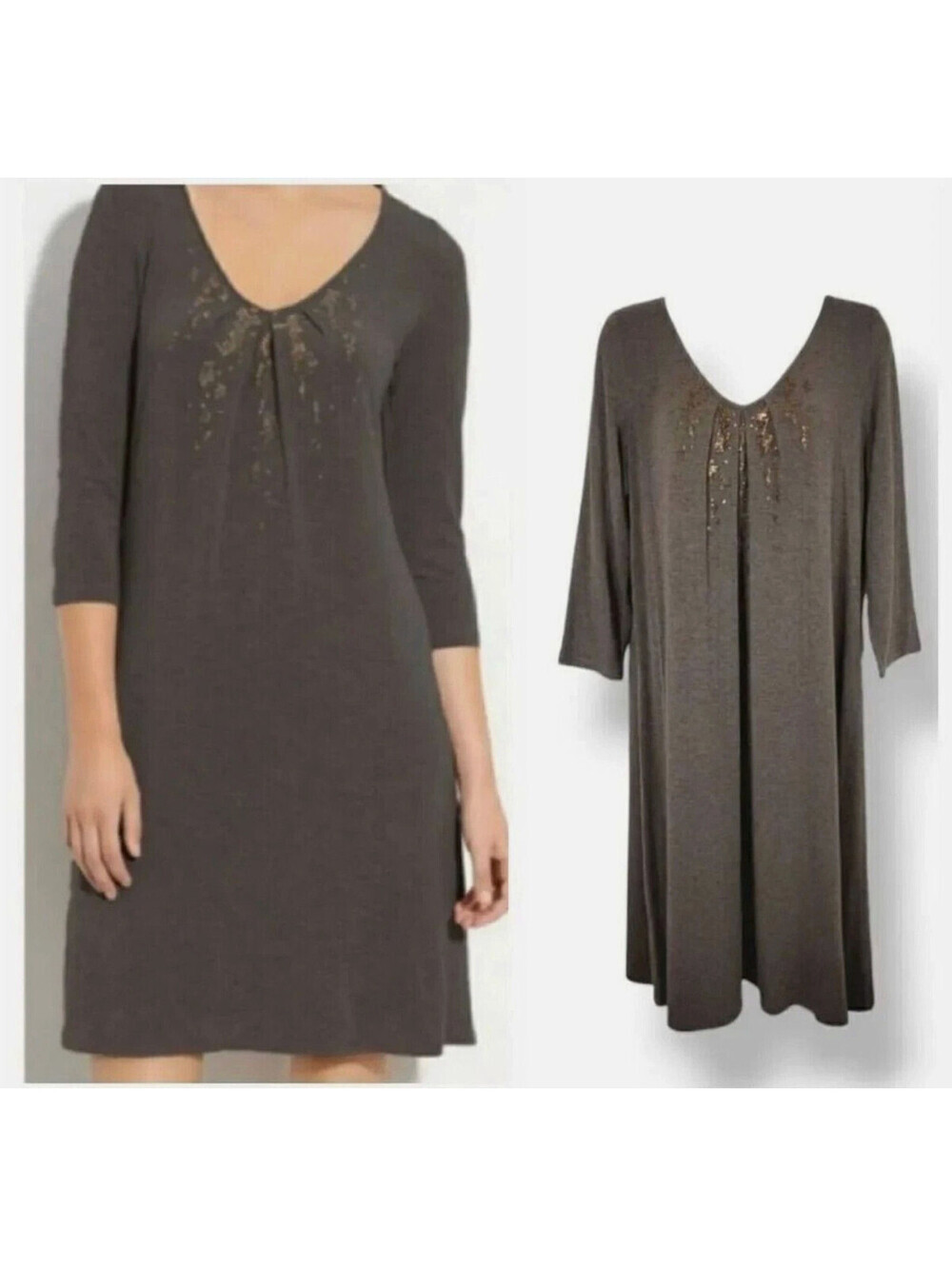 Eileen Fisher Women's Brown Sequin A-Line Viscose Stretch Shift Midi Dress Sz XS